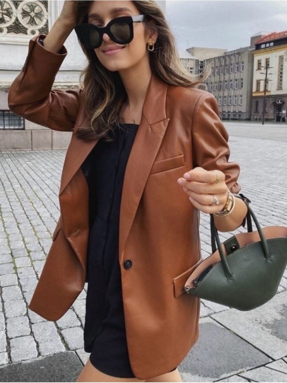 Zara Brown Faux Leather Oversized Blazer Jacket Size Medium Cognac